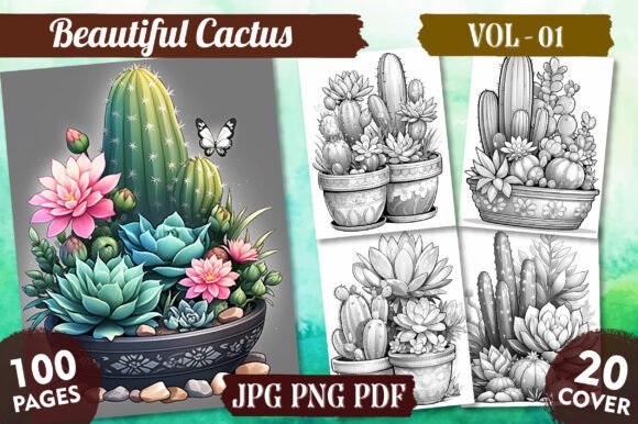Cactus coloring pages collection with floral elements