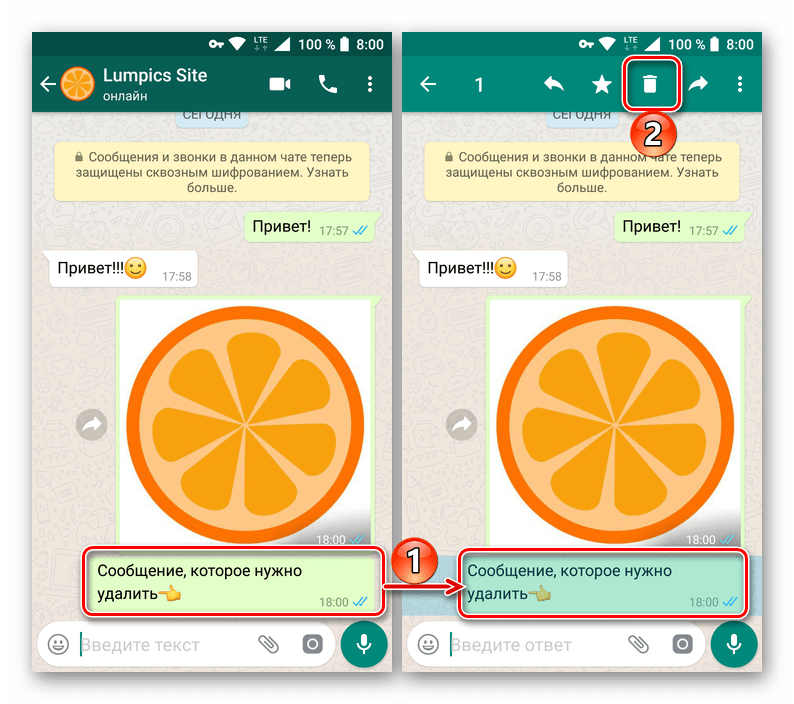 Выделить сообщение, которое требуется удалить у собеседника в приложении WhatsApp для Android