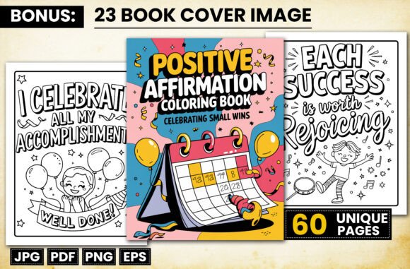 Positive Affirmation Coloring Book featuring motivational designs and celebratory themes