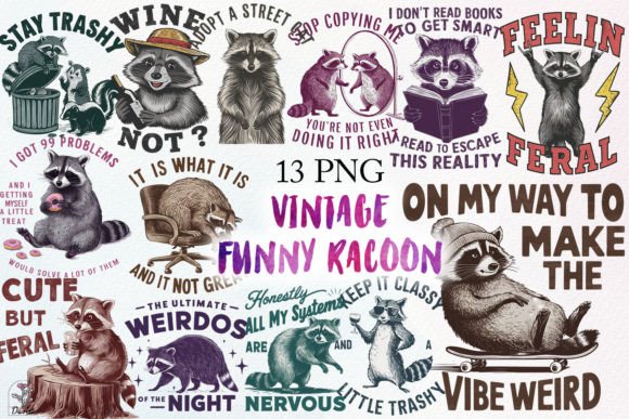 Vintage Raccoon Sublimation Bundle Designs