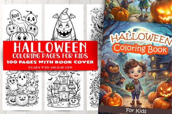 Halloween Coloring Book Cover featuring a boy with jack-o'-lantern and haunted house