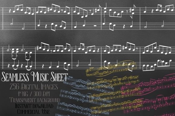 Seamless Music Sheet Overlay PNG template with black background