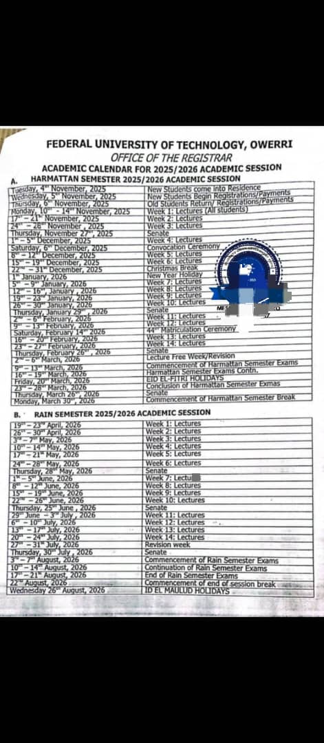 ACADEMIC CALENDAR FOR 2025/2026 SESSION