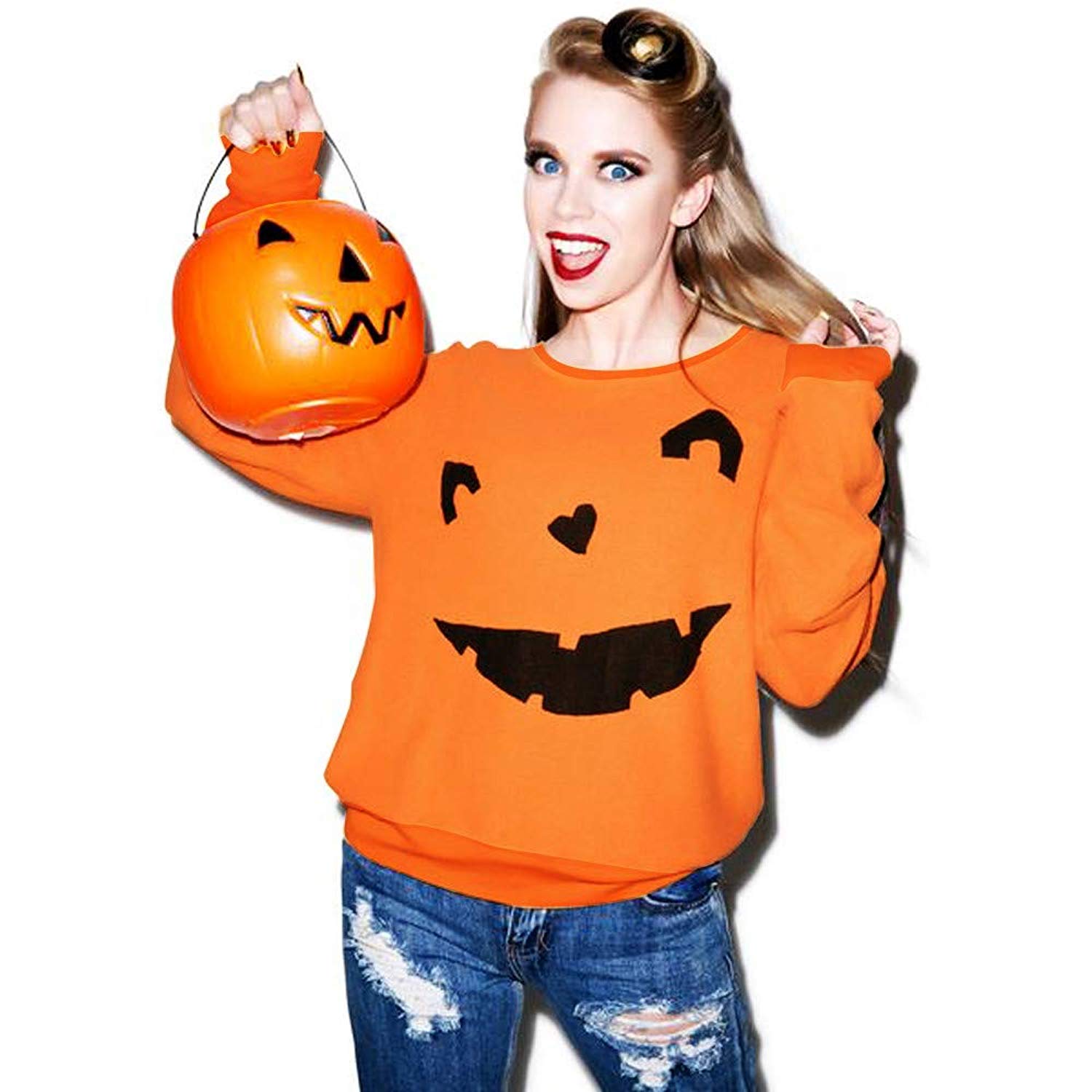OWMEOT Women Dress, Women Halloween Pumpkin Skull Christmas Print Long Sleeve Party Swing Mini Dress