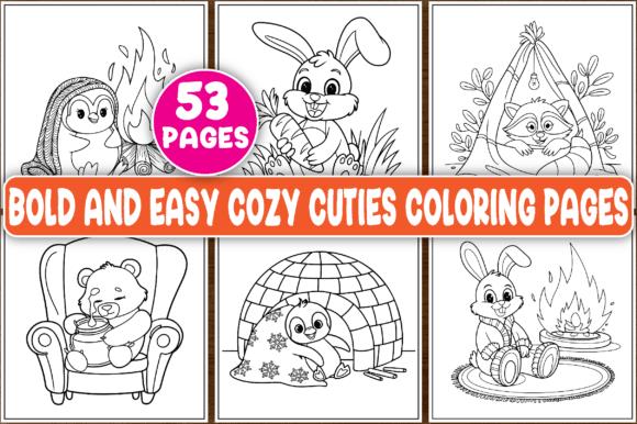Cozy animal coloring pages with penguin, rabbits, and bear in whimsical settings