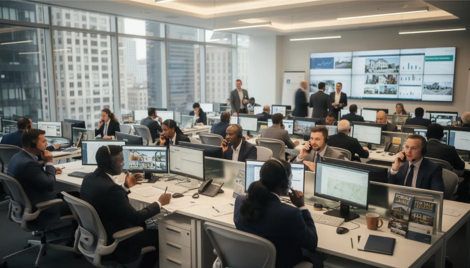 The image depicts a bustling urban real estate office filled with numerous individuals engaged in phone calls, discussing property sales and business transactions. The atmosphere is lively as people work to navigate the complexities of real estate regulations and common ownership in Delaware.