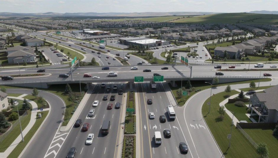 The image depicts a busy highway intersection in a suburban area, with multiple roads converging and vehicles navigating through. This scene highlights the common ownership of public infrastructure, reflecting the importance of compliance with local regulations and the planning required for safe travel.