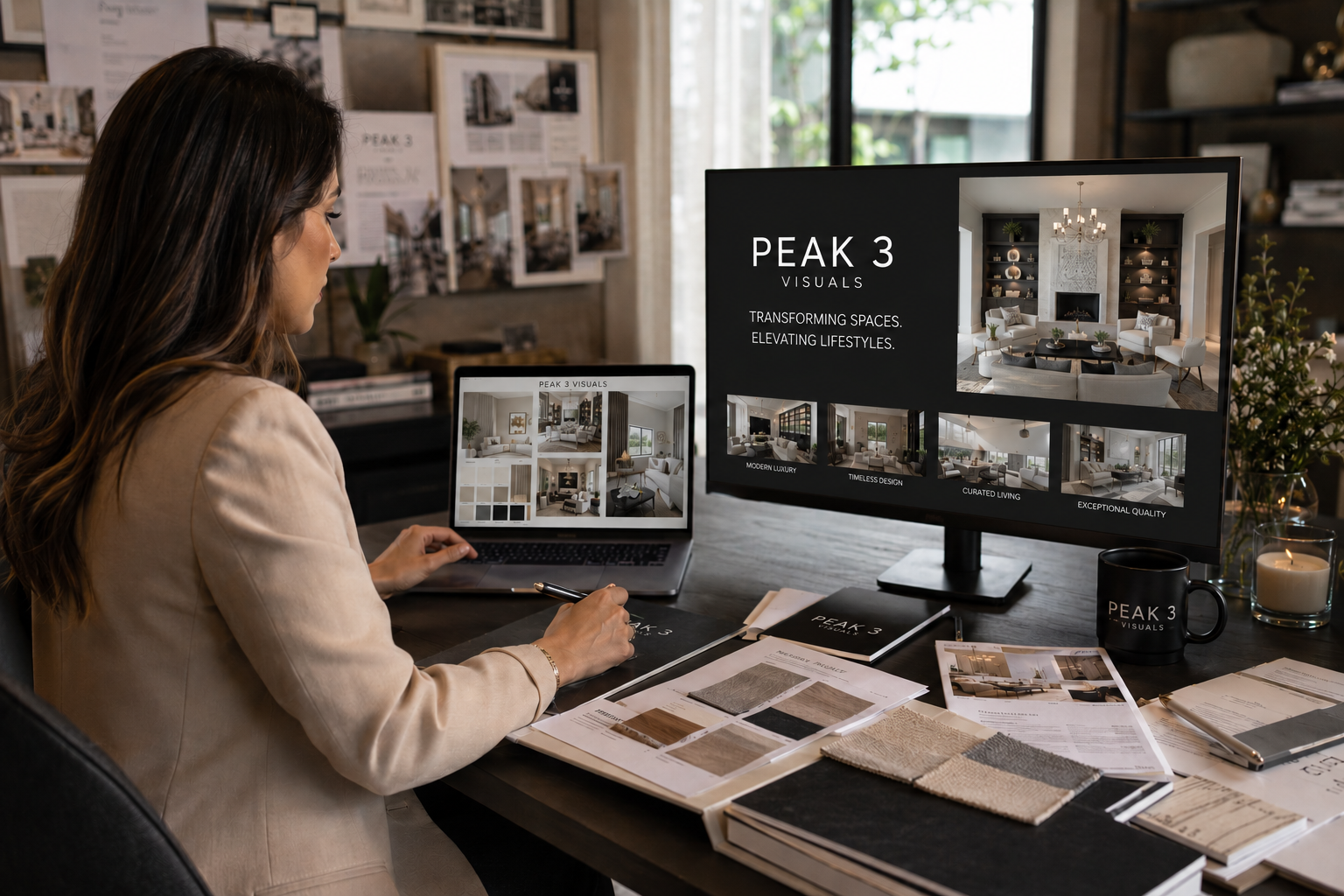 Interior designer reviewing branded digital visual assets for luxury home transformation and lifestyle marketing campaign