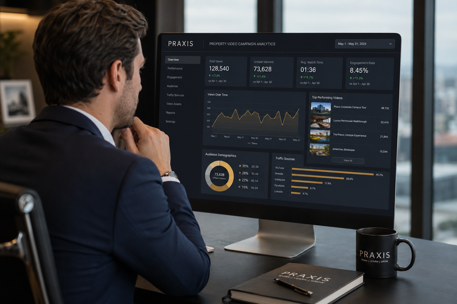 Real estate marketing professional reviewing branded property video campaign analytics and digital media performance dashboard