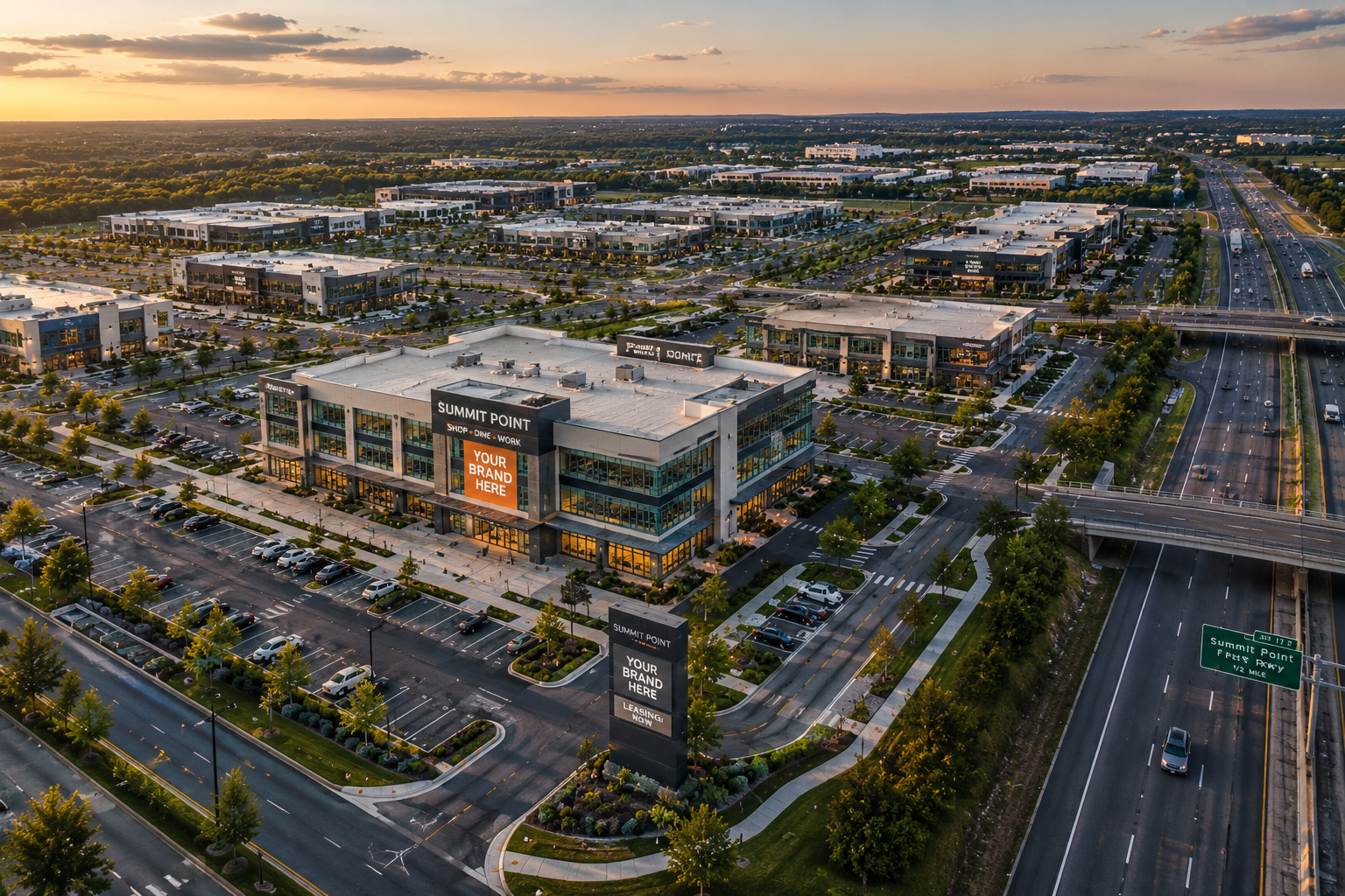 Cinematic drone view of modern mixed-use architectural development captured by Peak 3 Visuals showcasing urban planning and commercial infrastructure