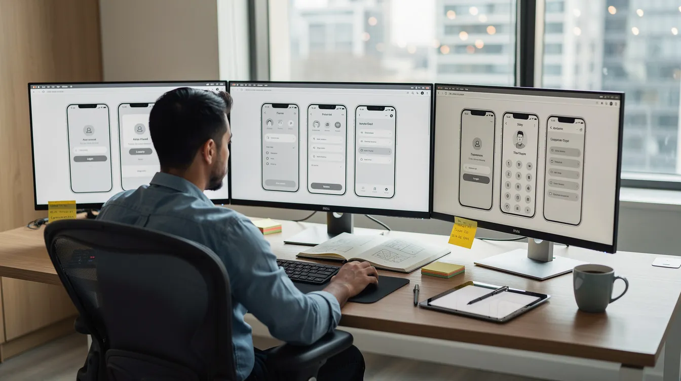A designer is seated at a desk surrounded by multiple monitors displaying mobile app wireframes, focusing on user interface elements for effective app localization. The workspace emphasizes the development workflow for both iOS and Android apps, showcasing the process of creating app store listings and optimizing app visibility for users worldwide.