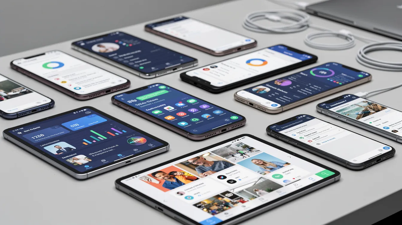 The image depicts a testing desk filled with various smartphones and tablets, each displaying different app screens that showcase diverse user interfaces. This setup highlights the importance of mobile app localization and app localization testing for effective app visibility across iOS and Android apps in multiple languages.