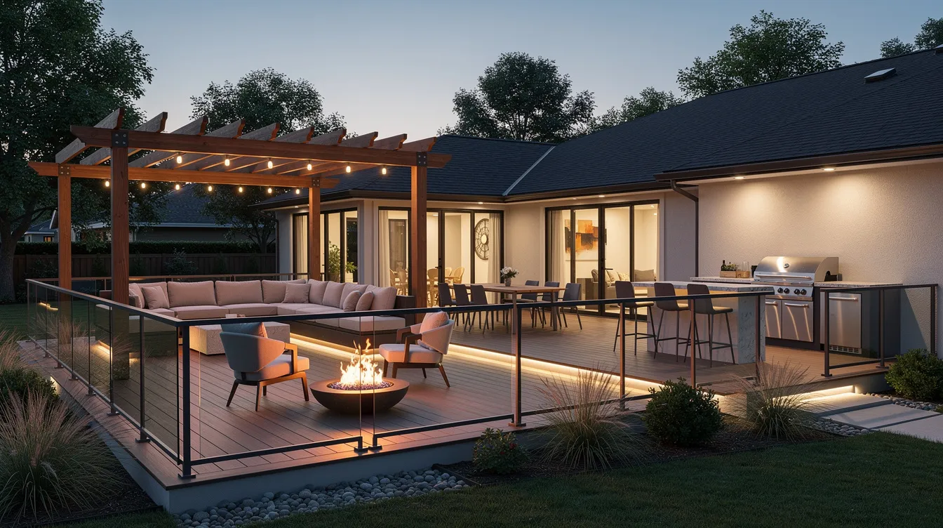 The image depicts a modern backyard deck featuring built-in seating, a stylish pergola, and an outdoor kitchen, creating a welcoming outdoor space ideal for entertaining. Warm lighting enhances the cozy atmosphere, while natural landscaping and safe railings complement the design, making it a perfect spot for family gatherings and relaxation.