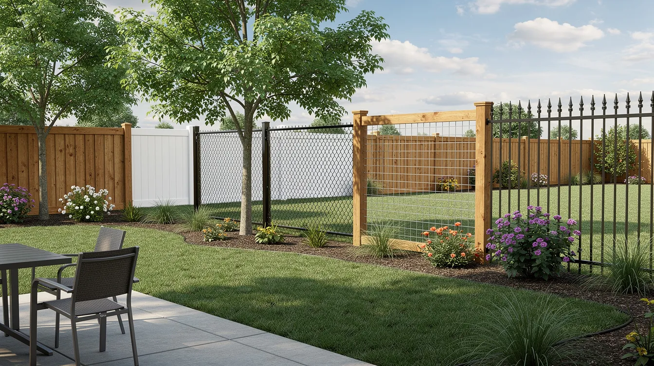 The image showcases a beautifully landscaped backyard featuring various fence sections, including wood, vinyl, black chain link, hog wire, and ornamental metal, surrounded by lush plants, a patio, and trees. This outdoor space enhances the home's exterior and curb appeal, making it an inviting area for entertaining and relaxation.
