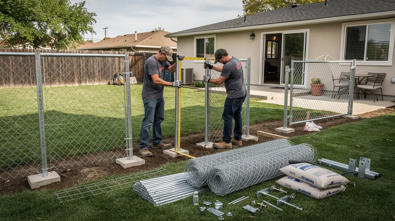 A team of fence contractors is seen installing a galvanized chain link fence in a suburban backyard, featuring metal posts and concrete post holes. The scene captures the process of chain link fence installation, showcasing tools like measuring tape and gate hardware, emphasizing the project's focus on security and functionality.