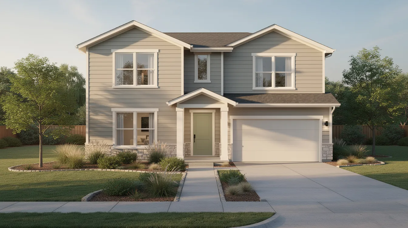 The image depicts a modern suburban house with warm neutral siding and creamy trim, featuring a muted green front door. Surrounded by natural landscaping, the home showcases clean curb appeal in soft daylight, reflecting contemporary design trends for 2026.