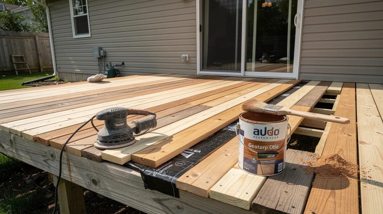 A backyard wood deck is being resurfaced, featuring freshly replaced deck boards and various sanding tools, while a can of deck stain sits nearby. The scene captures essential deck maintenance practices, including clean gaps between the boards and the use of joist tape, all set against a backdrop of warm weather.