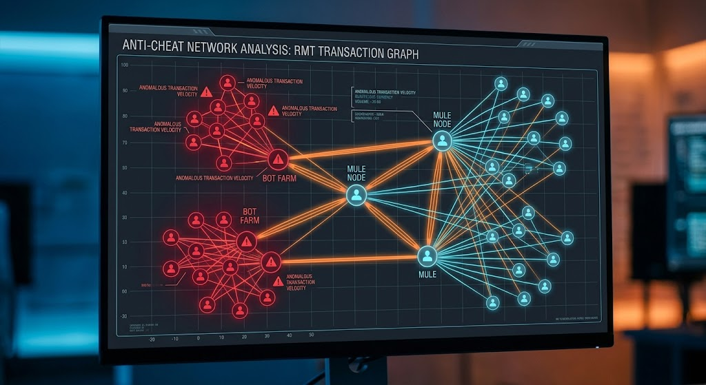 Figure 4: Server-Side Telemetry: Anti-Cheat Transaction Graph Mapping Anomalous Wealth Transfers Between Bot Clusters. Network telemetry graph visualization showing anti-cheat detection of suspicious in-game currency velocity and laundering hubs.
