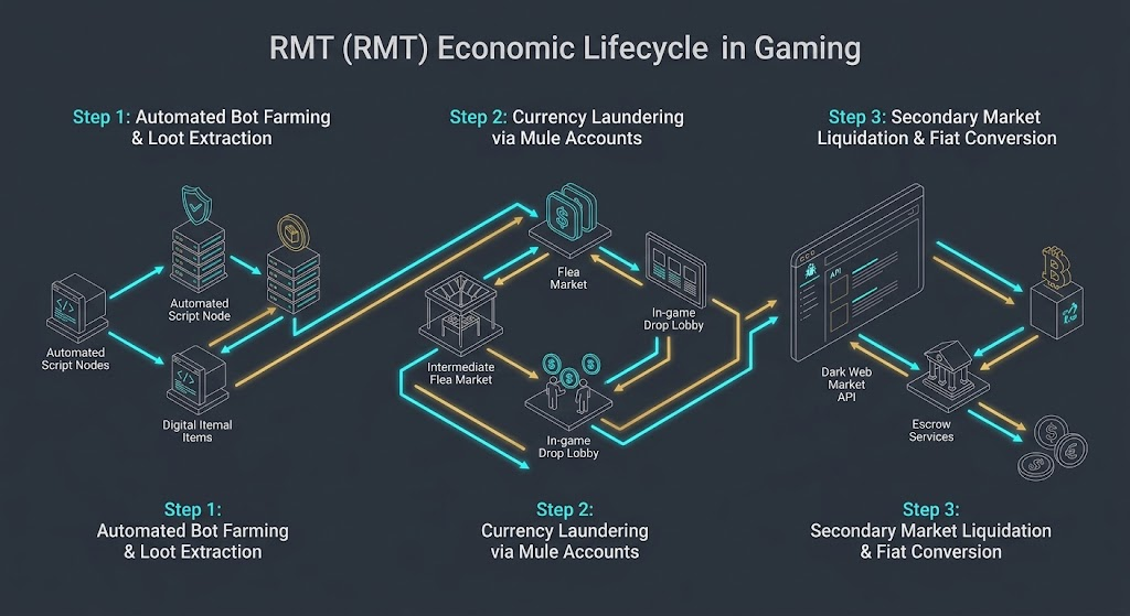 Figure 2: Economic Lifecycle of RMT: From Automated Bot Farming to Secondary Market Liquidation. Isometric cybersecurity flowchart depicting the multi-step lifecycle of RMT from bot farming and extraction to escrow liquidation.
