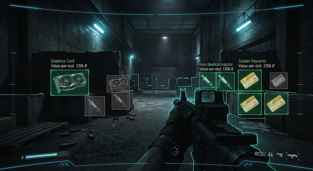 Figure 3: Algorithmic Loot Prioritization: Real-Time Value-per-Slot Filtering HUD in Extraction Shooters. First-person tactical HUD interface showing item ESP overlay filtering loot by market price density per inventory slot.