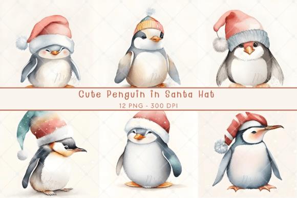 Festive Penguins in Santa Hats Watercolor Illustration