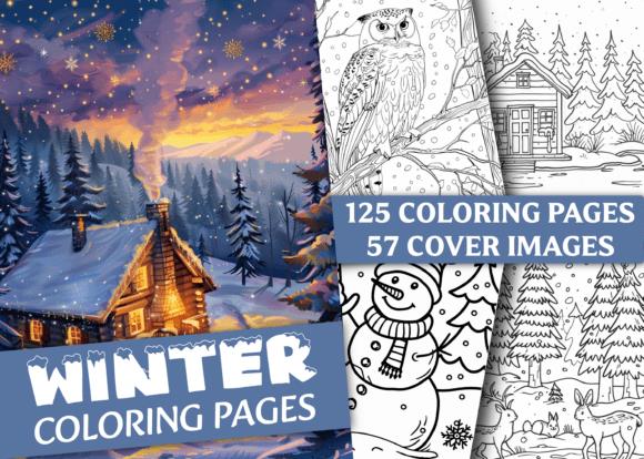 Winter Coloring Book Cover - Snowy Cabin Scene