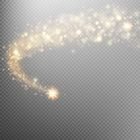 Golden sparkling falling star. cosmic glittering wave. gold glittering stars dust trail sparkling particles on transparent background. space comet tail. eps 10 vector file included Stock Photo