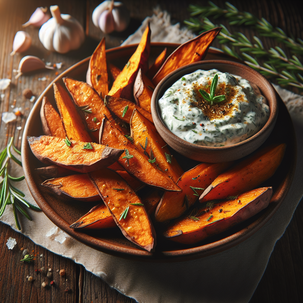 Crispy Baked Sweet Potato Wedges with Herb Dip