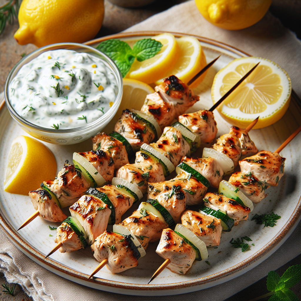 Lemon Herb Chicken Skewers with Tzatziki Dip