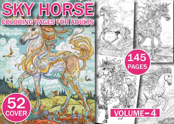 Sky Horse Coloring Book Cover with Majestic Winged Horses and Floral Patterns
