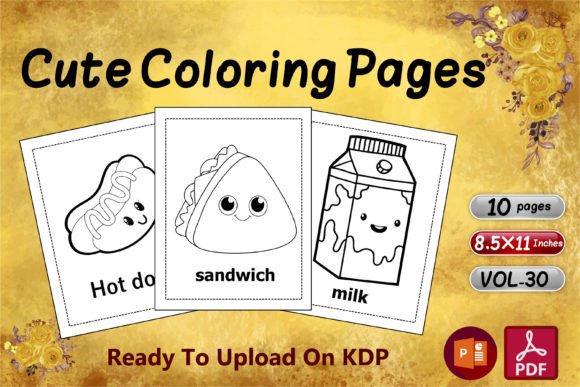Cute cartoon food coloring pages featuring hot dog, sandwich, and milk carton