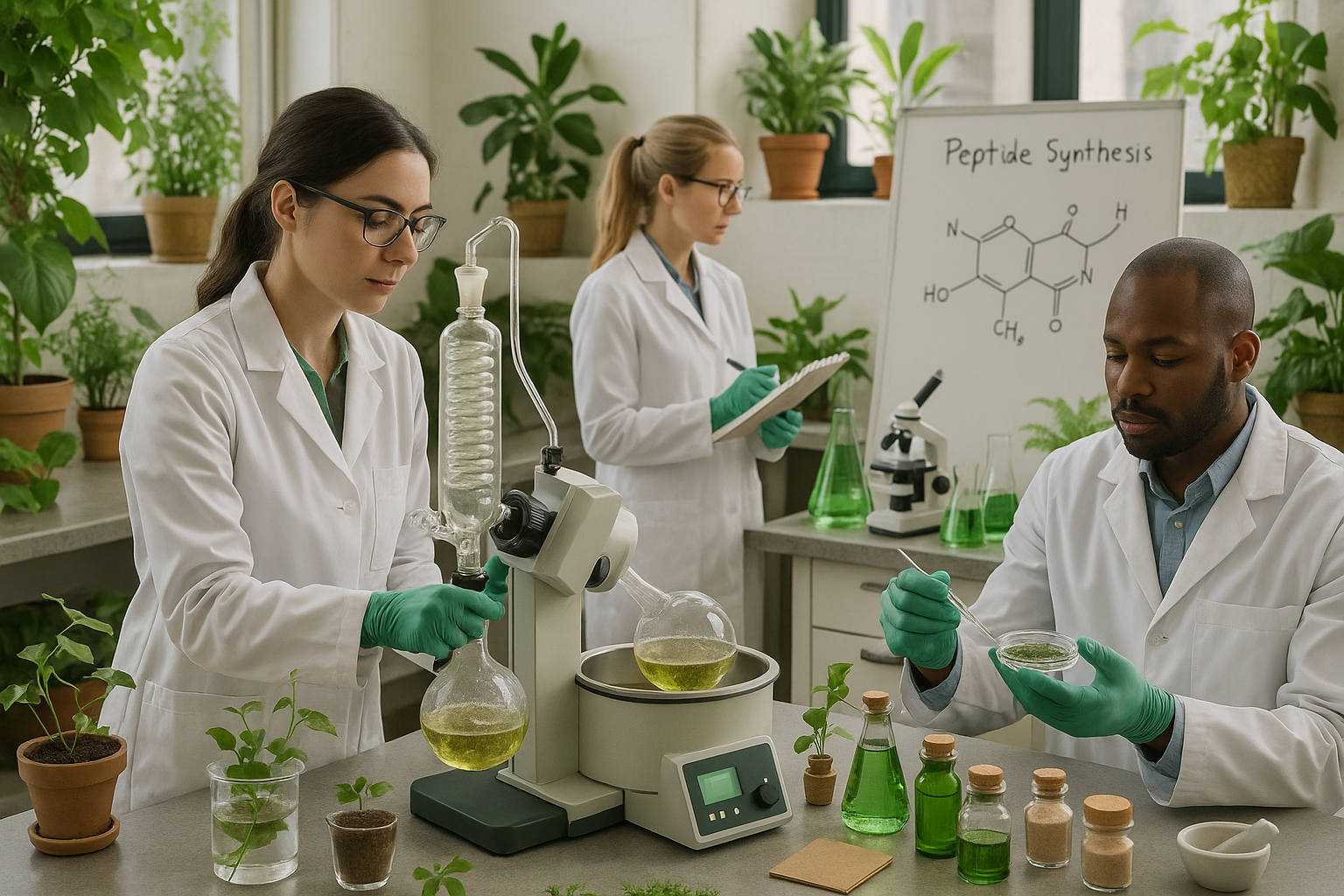 Eco-friendly sourcing of peptide ingredients showcasing sustainable supply chain and green chemistry