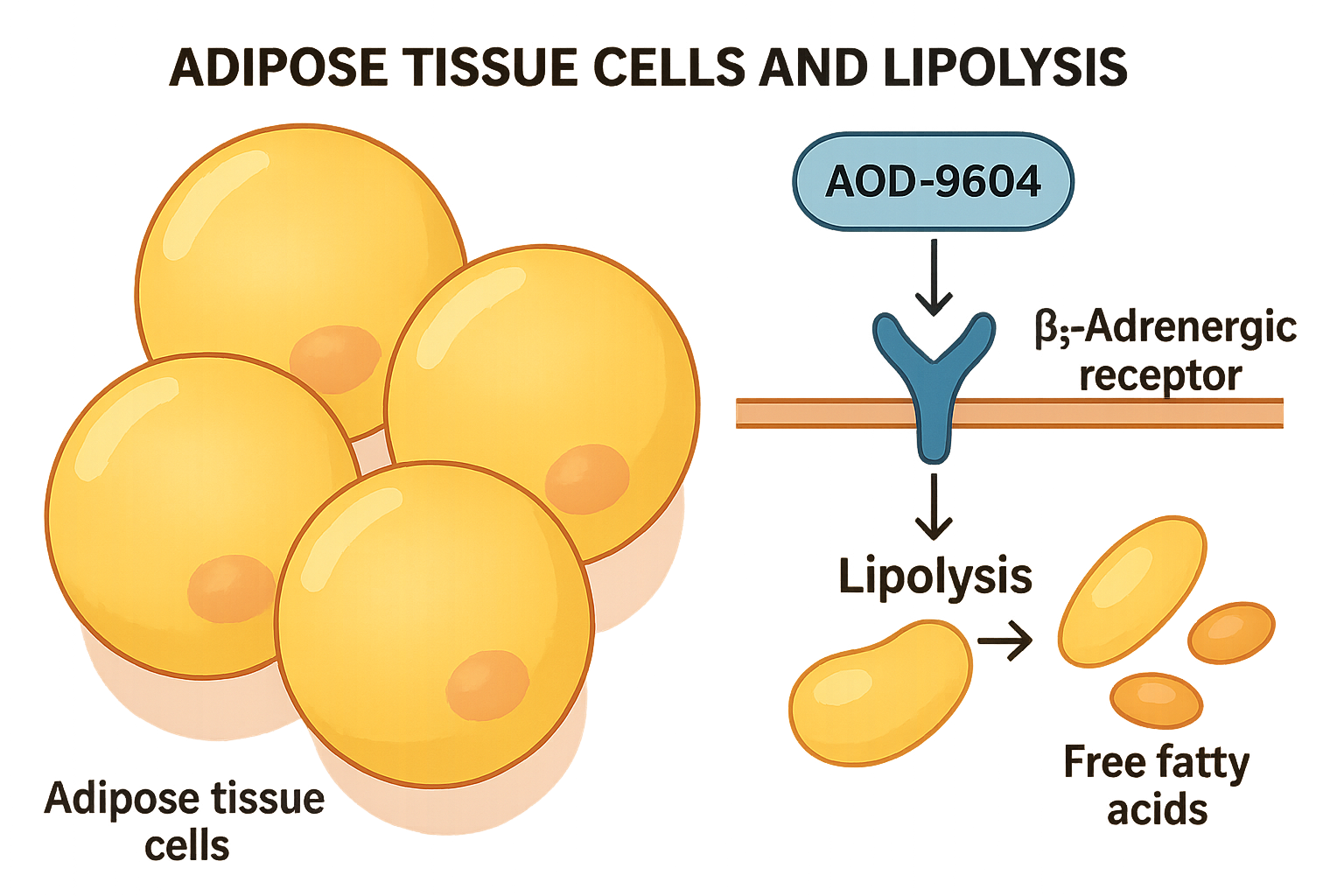 Diagram illustrating AOD-9604 activation of lipolysis pathways in adipose tissue