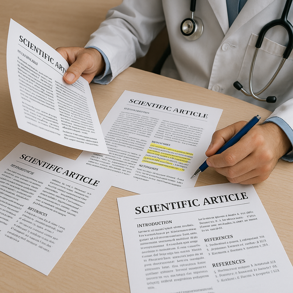 Scientific research papers and molecular illustrations representing peptide studies