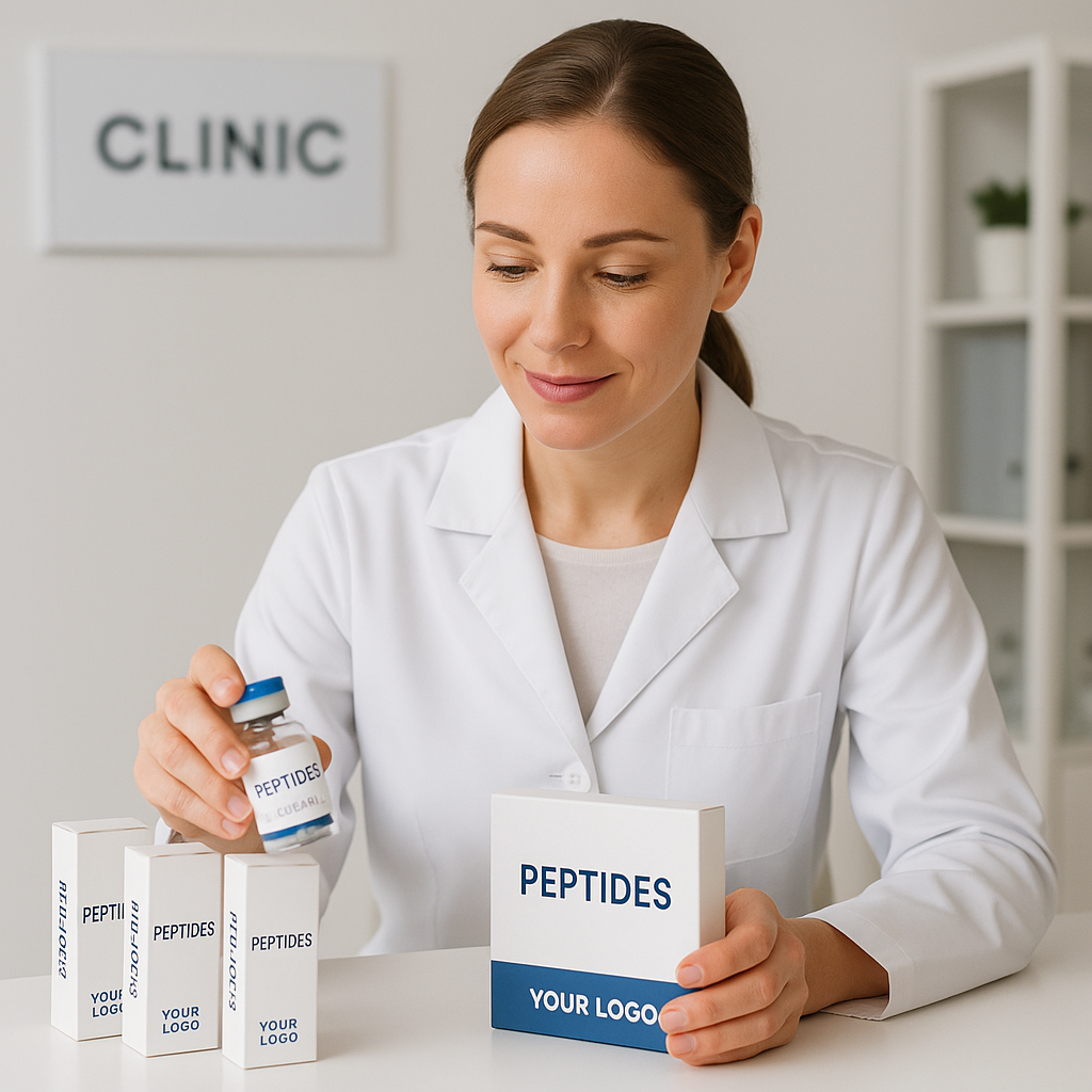 Custom peptide packaging from YourPeptideBrand showcasing professional and clean label design