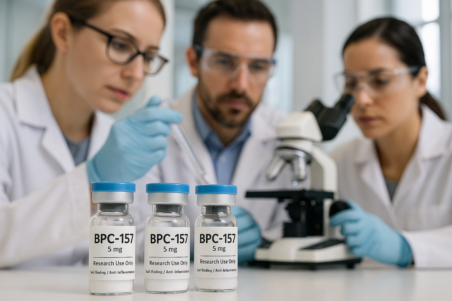 Lab setting with BPC-157 labeled vials