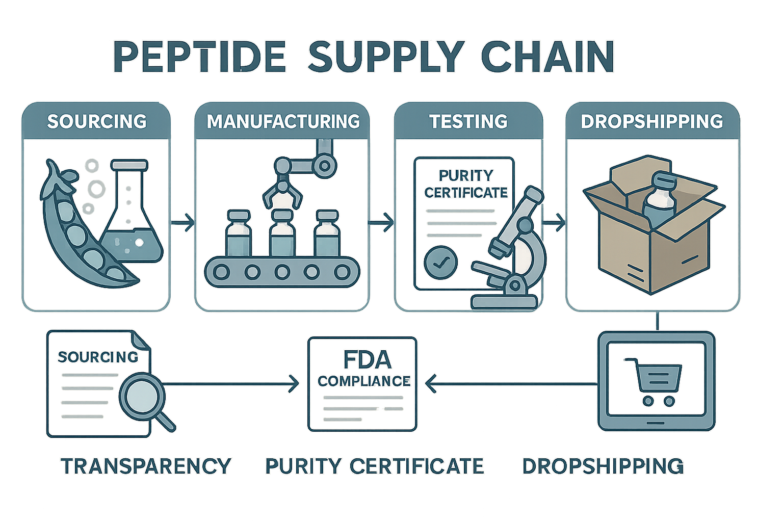Diagram illustrating the transparent peptide supply chain from sourcing to dropshipping