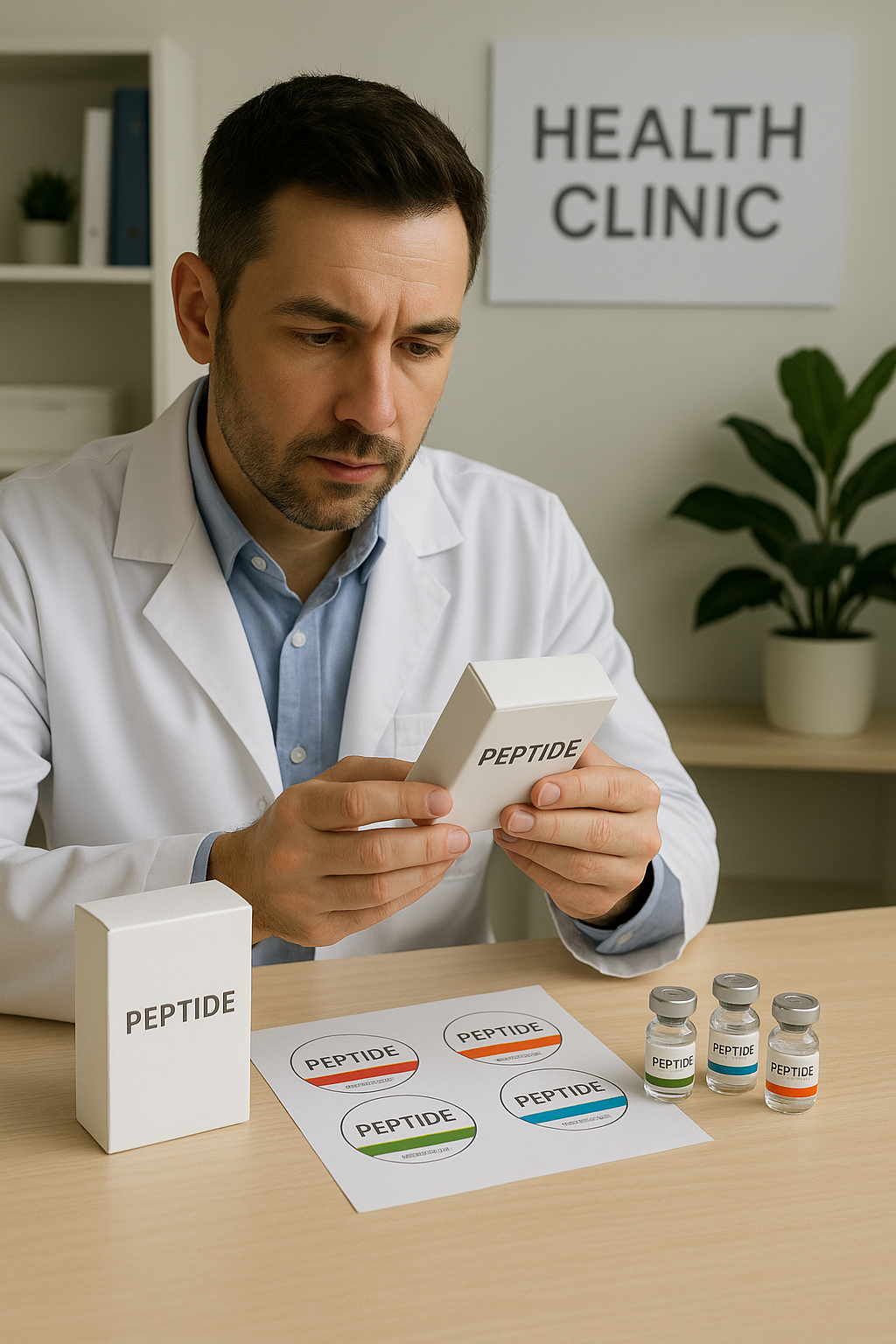 Customized peptide bottles and packaging representing private label options for clinics