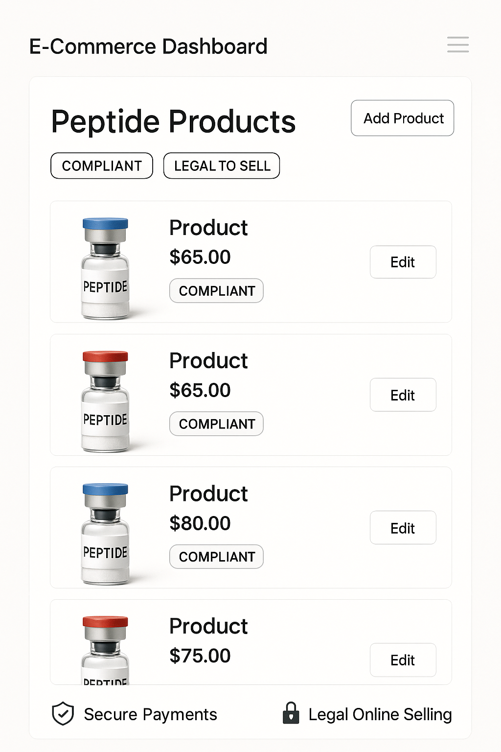Screenshot of peptide e-commerce website showcase