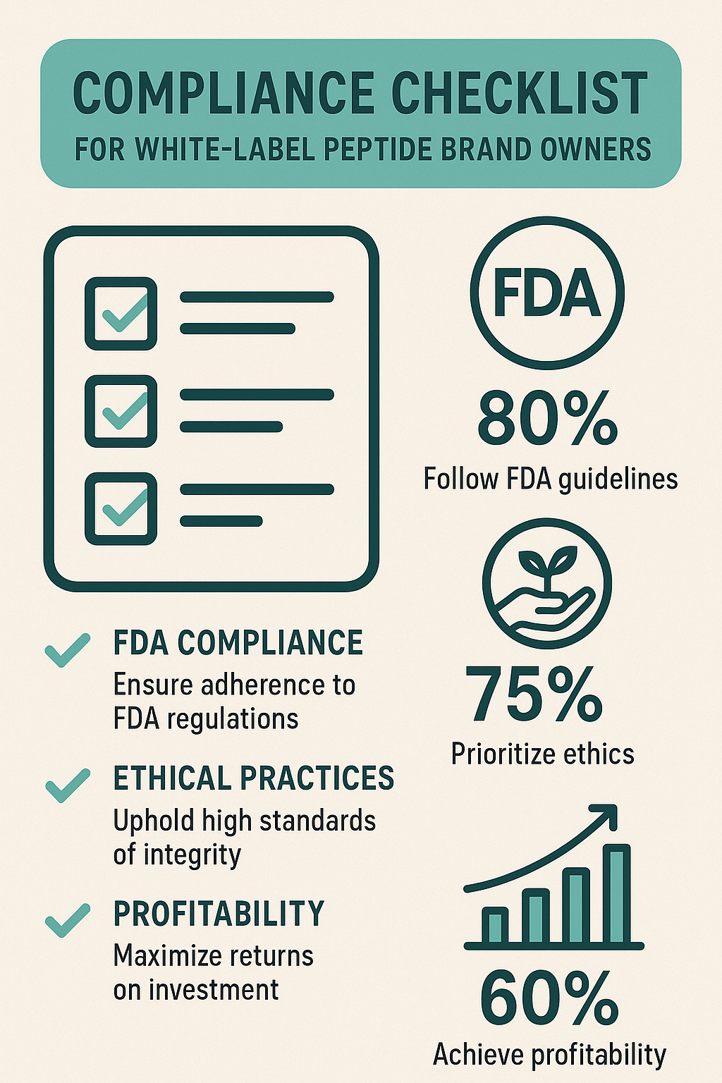 Checklist and statistics highlighting compliance research applications in peptide branding