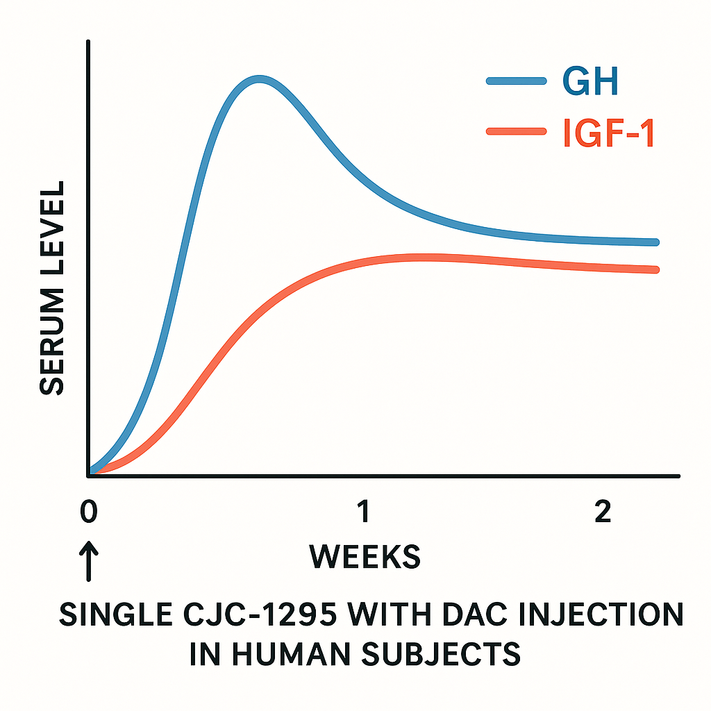Graph depicting serum GH and IGF-1 levels over time after CJC-1295 with DAC laboratory protocol