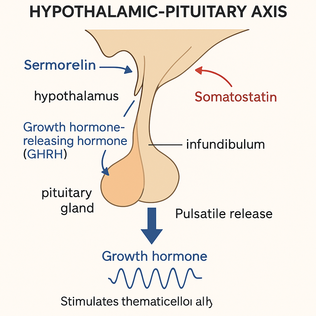 Sermorelin Mechanism of Action Diagram showing interaction with pituitary and GH secretion