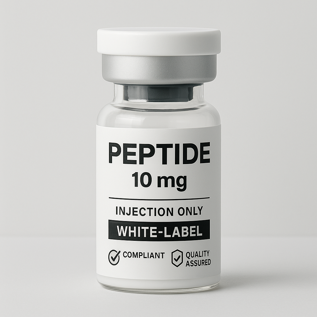 Custom peptide product packaging with clear RUO labeling