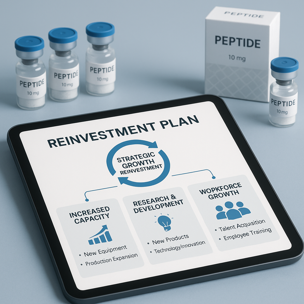 Digital financial planning tools displayed on screen for peptide business reinvestment strategy