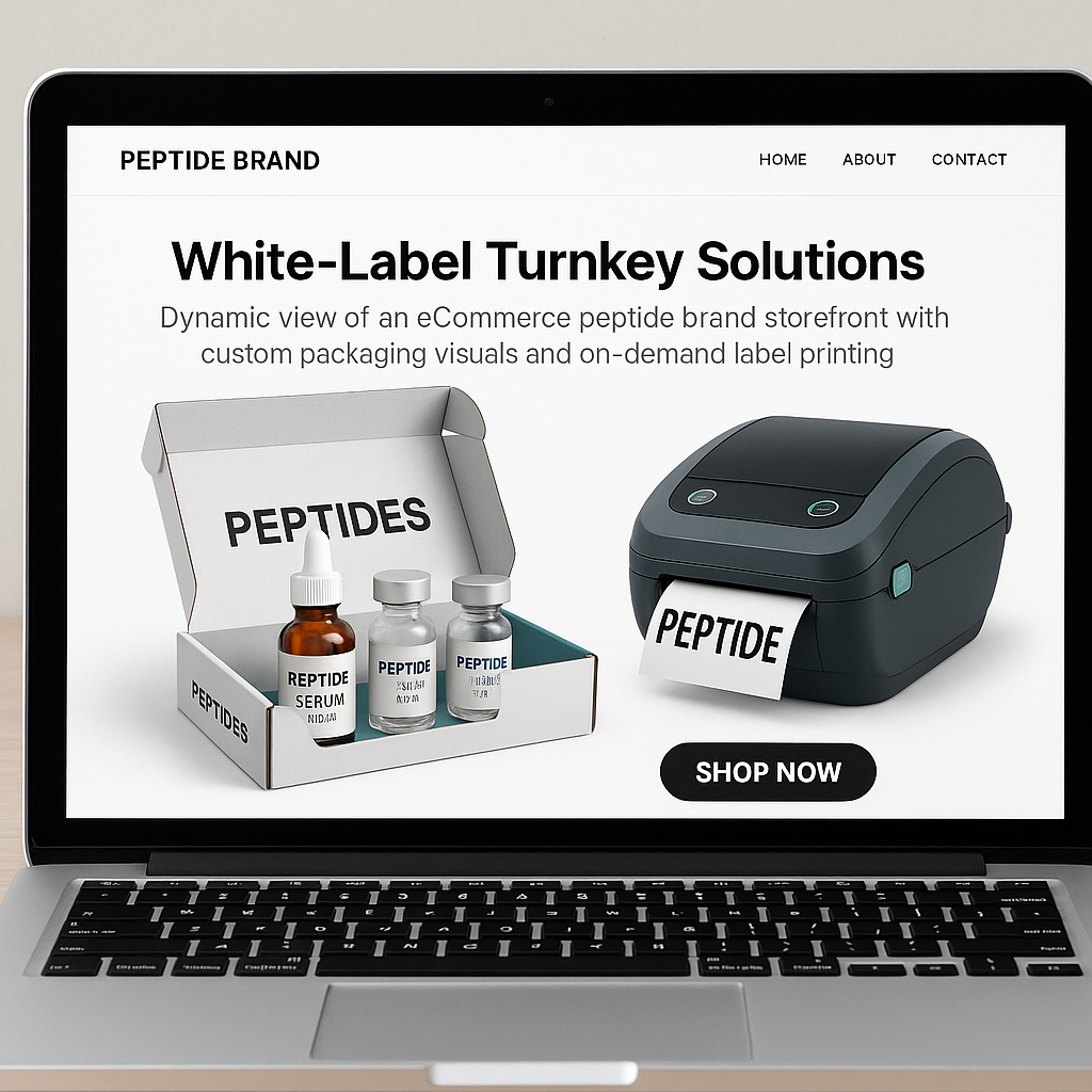 Peptide eCommerce platform interface demonstrating streamlined ordering and branding options