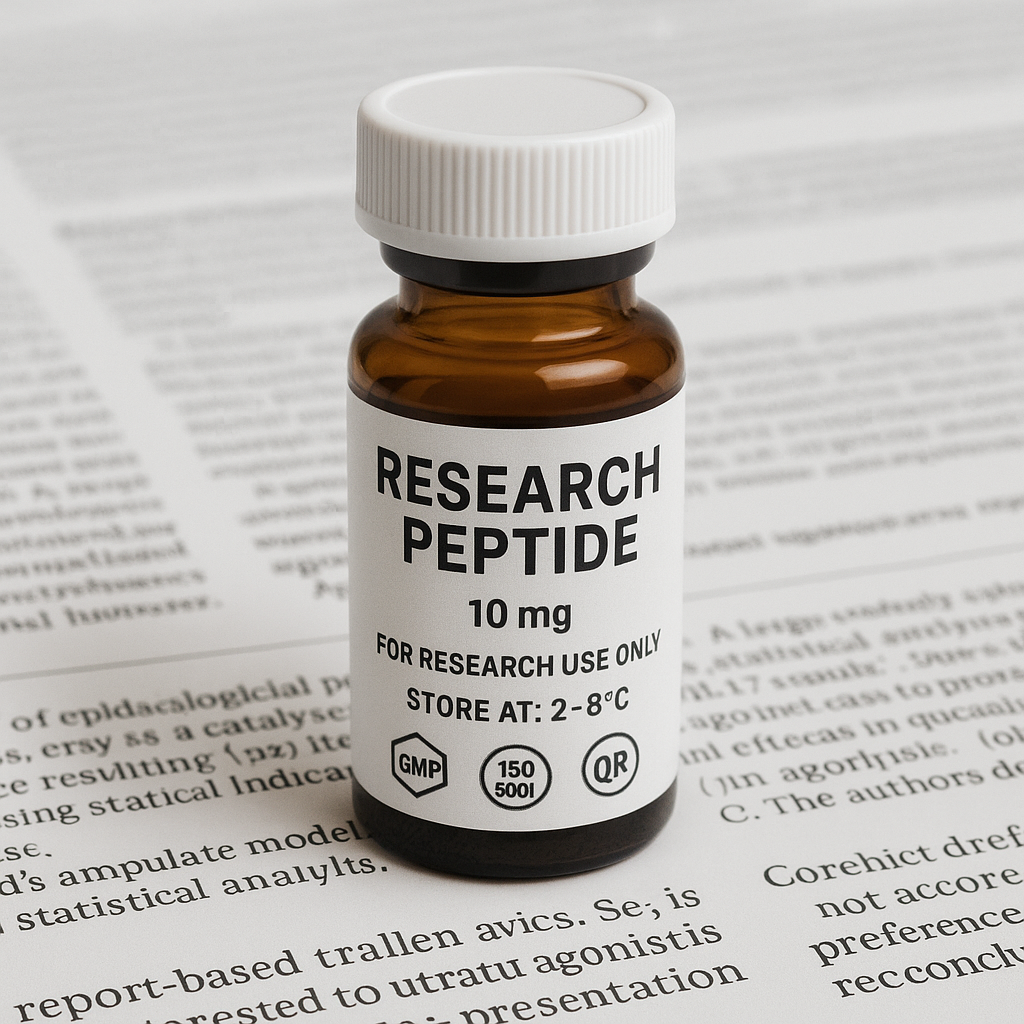 Research peptides online sales concept illustrated with a laptop and peptide vials