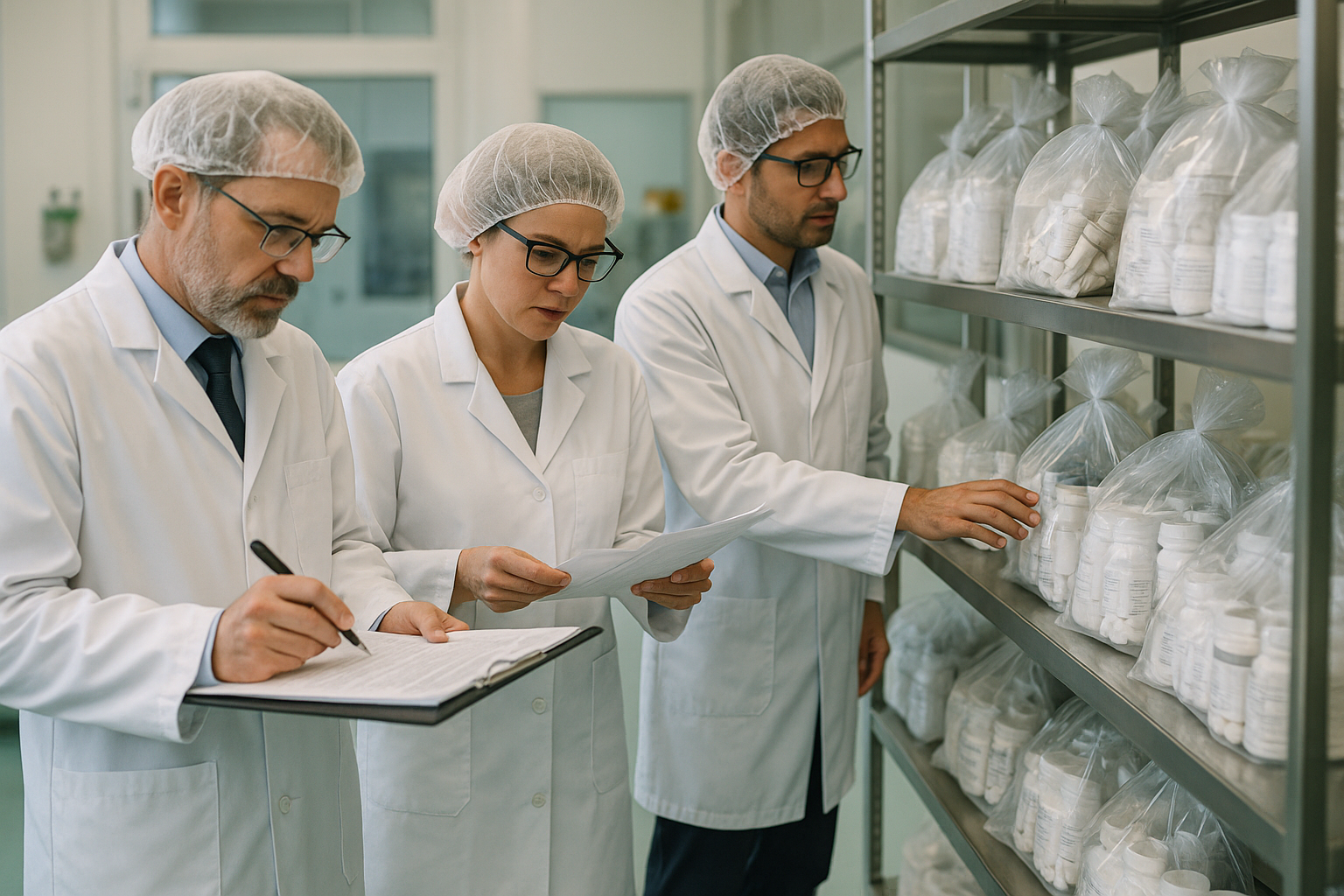 Technician conducting a thorough supplier audit in a peptide manufacturing facility