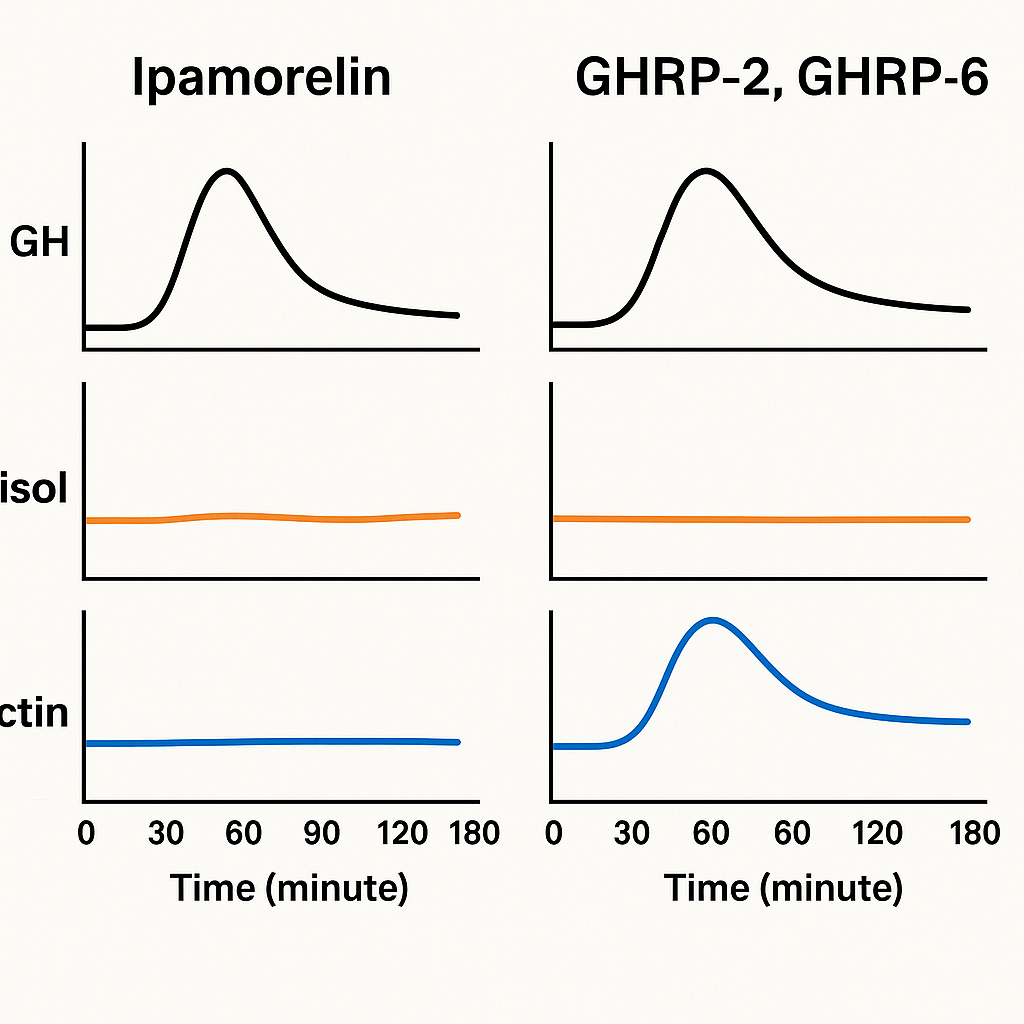 Graph comparing hormone levels after Ipamorelin, GHRP-2, and GHRP-6 administration