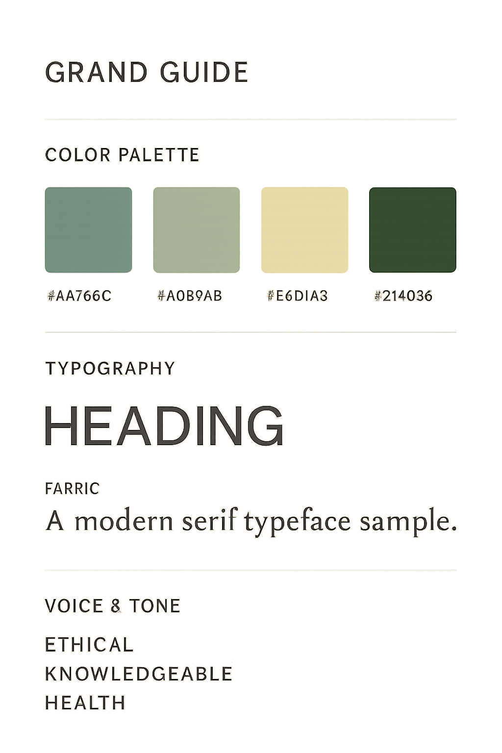 Sample brand guide page showing color palettes, typography, and voice descriptors for an ethical peptide brand