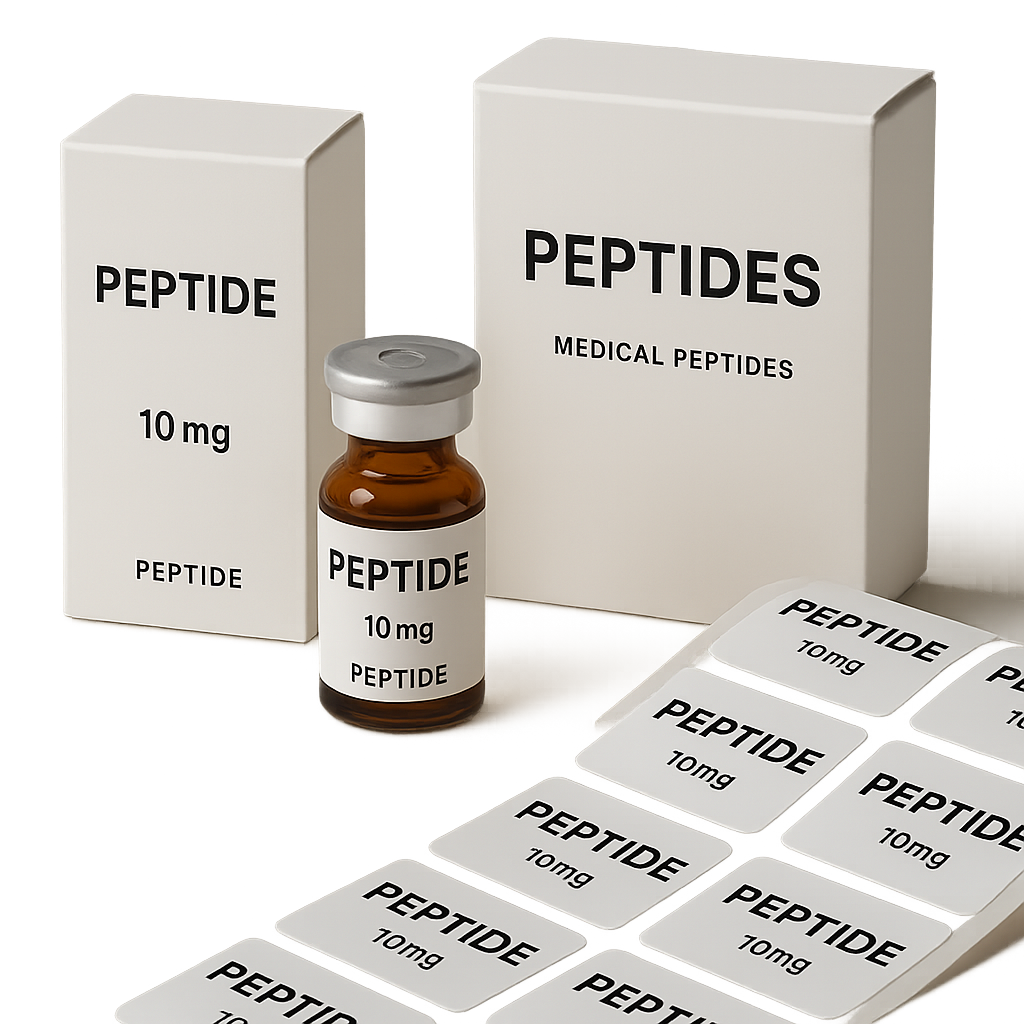 Editorial-style clean image showing a branded peptide product line including label designs, custom packaging boxes, and on-demand printed labels, emphasizing cohesive visual identity for a medical peptide business